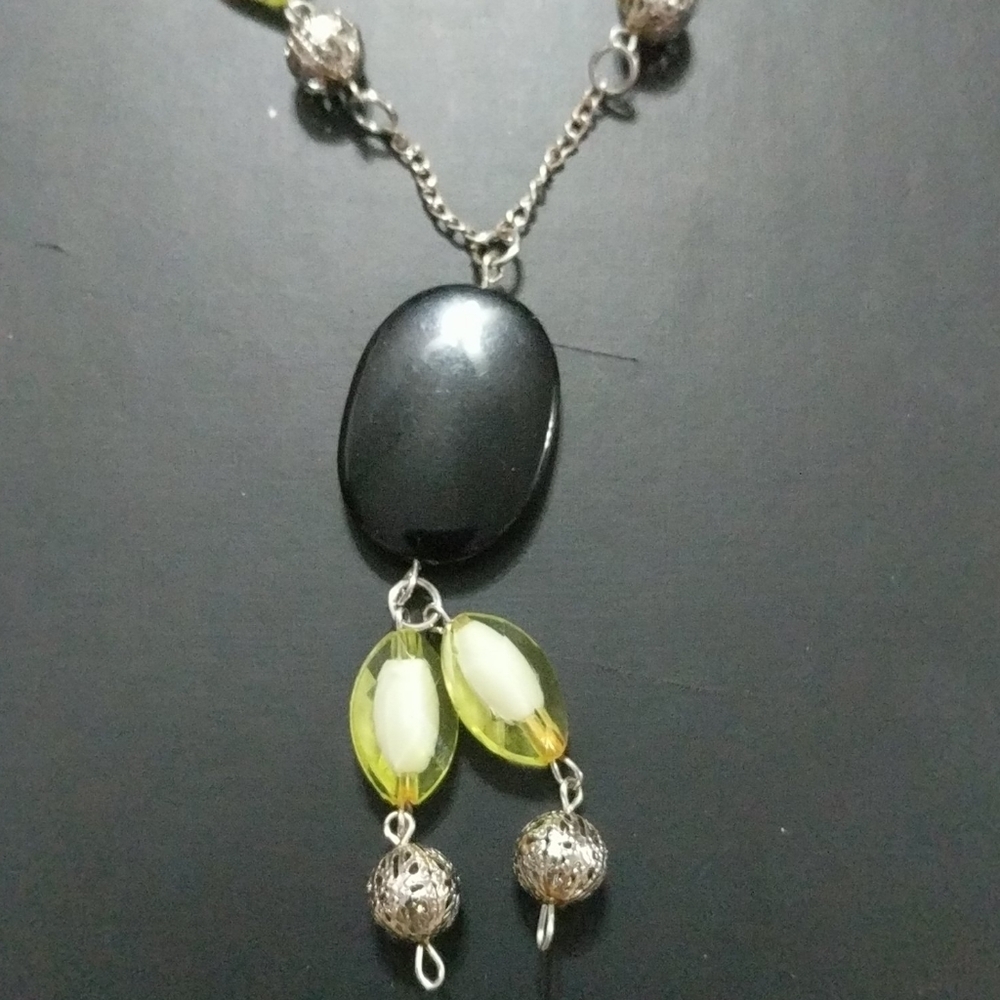 Green Black Silver Bead Dangle Statement Necklace - image 2